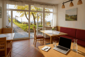 Workation in Klienhofers Himbeernest - ein aufgeklappter Laptop steht im Frühstücksraum der Ferienunterkunft und der Blick geht in die Natur.